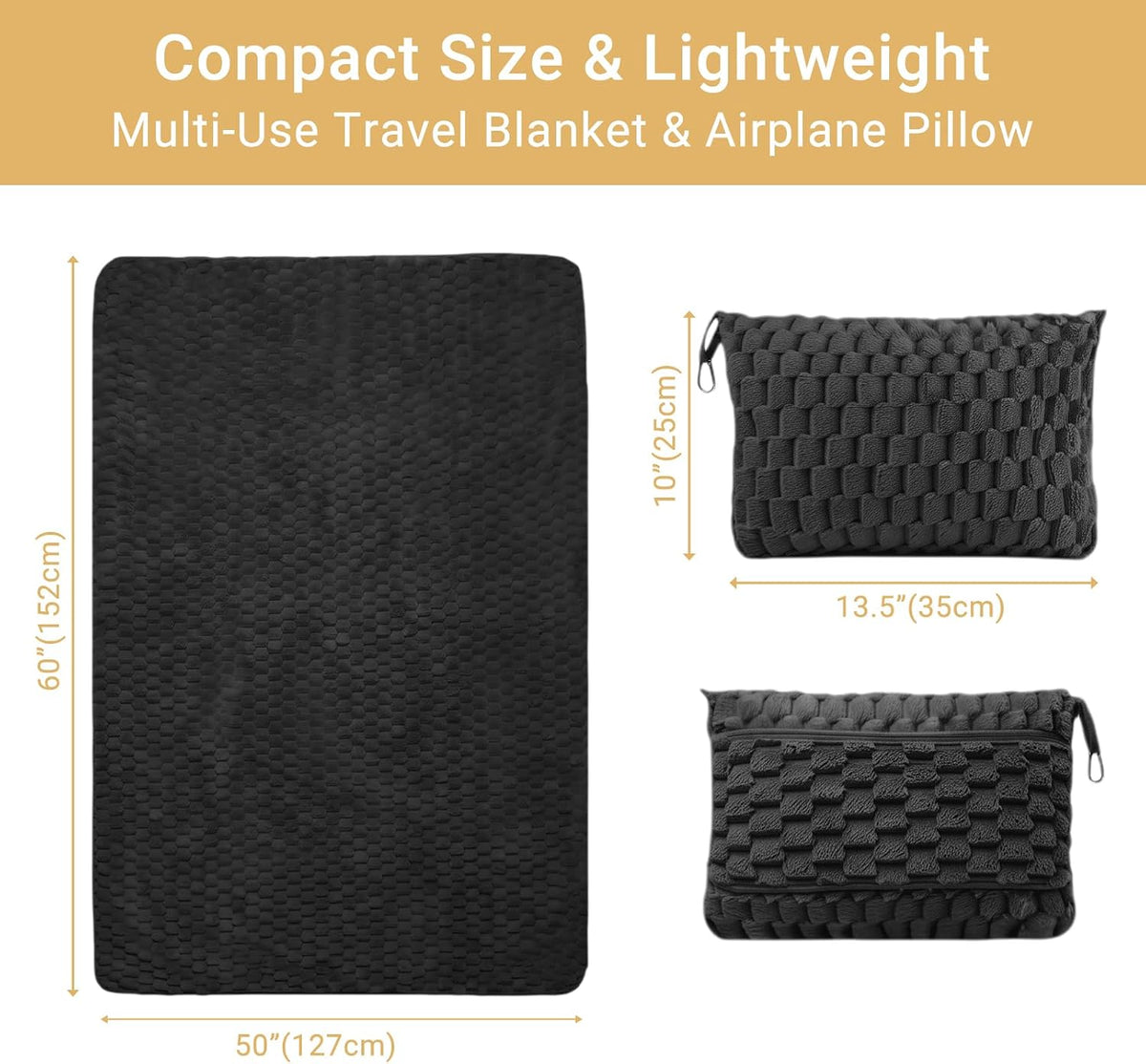 Travel Blanket with Bag, Soft Fleece Portable Airplane Blanket, Black
