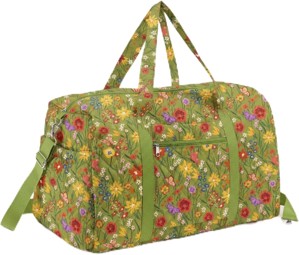 Large Quilted Travel Duffle Bag for Women, Yellow Green Grassland