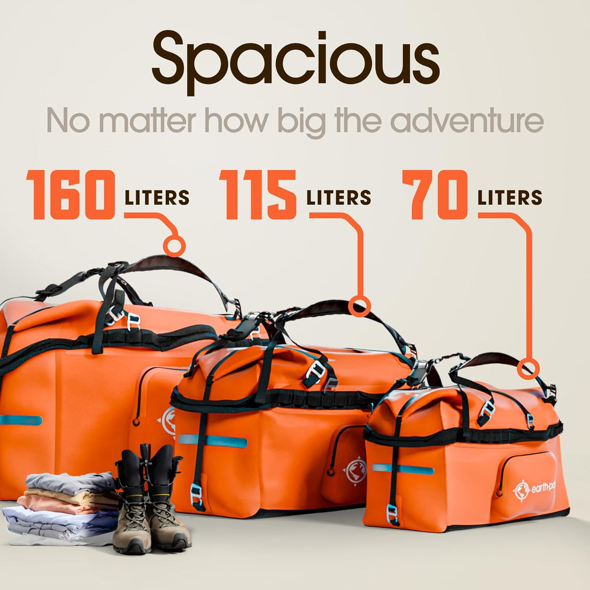 Earth Pak Waterproof Duffel Bag - Large Dry Bag, 1680D TPU, Heavy Duty, Camping & Marine Dry Bag, 8x8 Popout Pocket