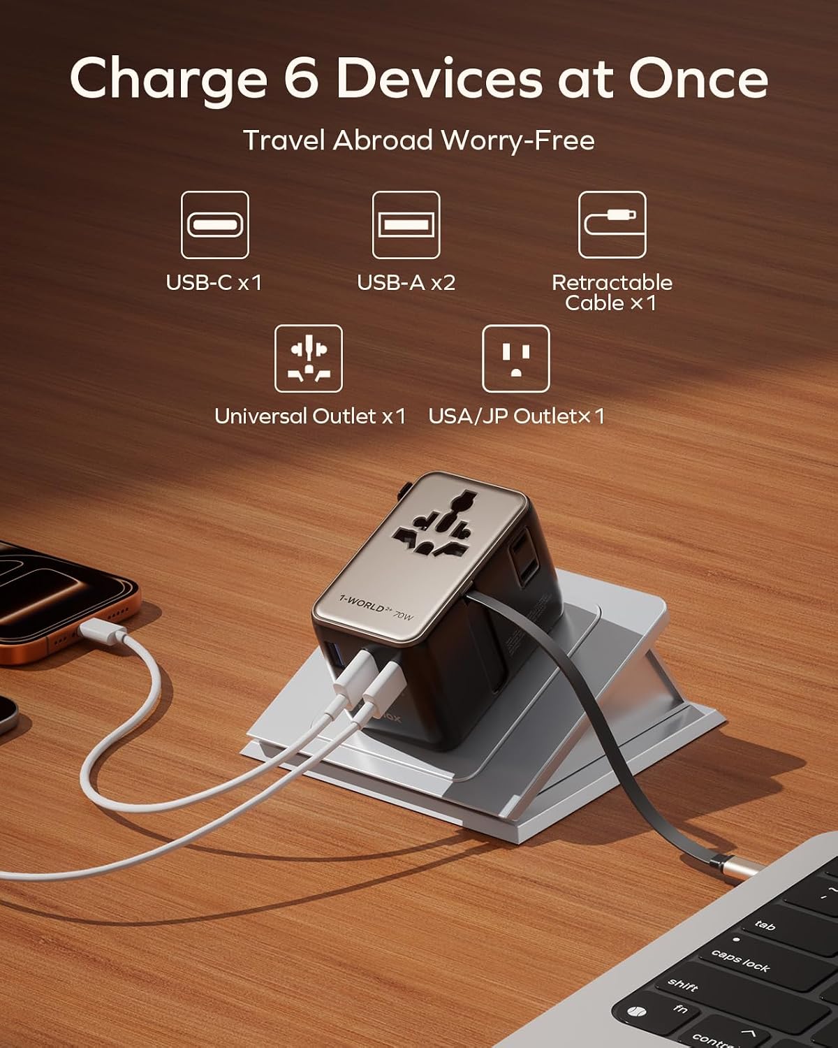 MOMAX 70W Universal Travel Adapter All-in-1 Plug Adapter with USB-C Cable