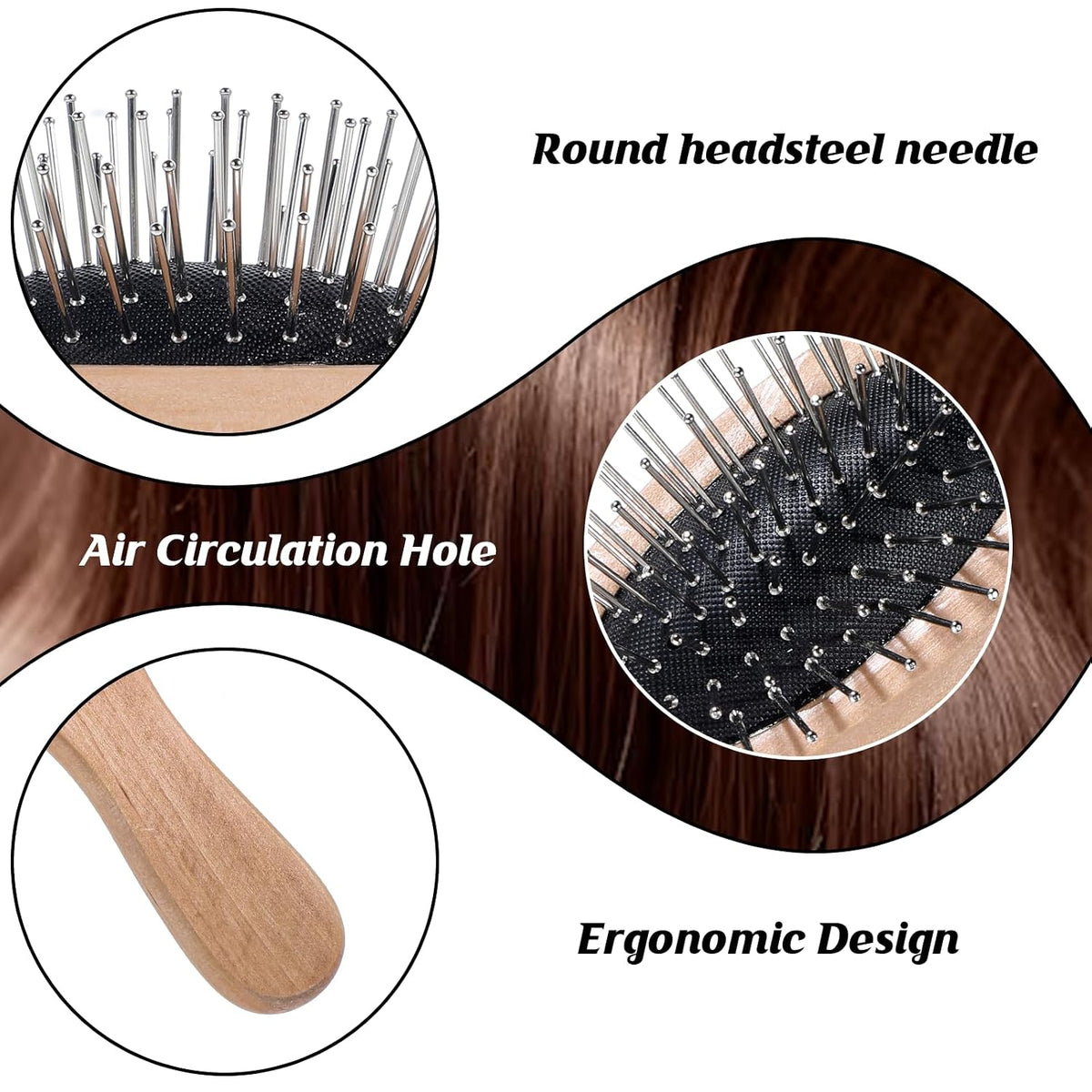 Portable Mini Pin BambooHair Brush Small Wig Hair Brush with Steel Bristles for Smoothing Detangling Wire Cushion Brush with Wood Handle Travel Natural Wood Comb with Metal Bristles for Women