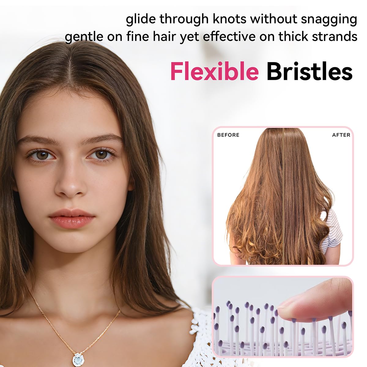 Self‑Cleaning Hair Brush, Curved Vented Detangler, Foldable Travel Pink