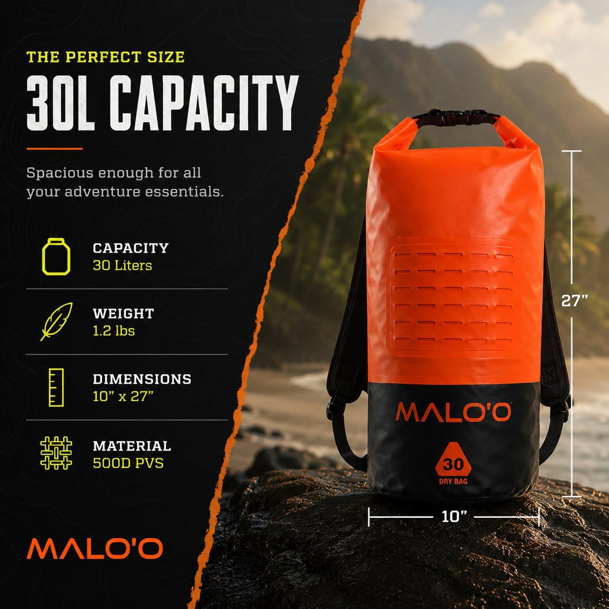 Malo’o DryPack 30L Waterproof Kayak Dry Bag, Heavy Duty Roll-Top Dry Bag with MOLLE Grid and Carry Straps for Fishing, Paddle Boarding, Boating, Camping, and Travel, Orange