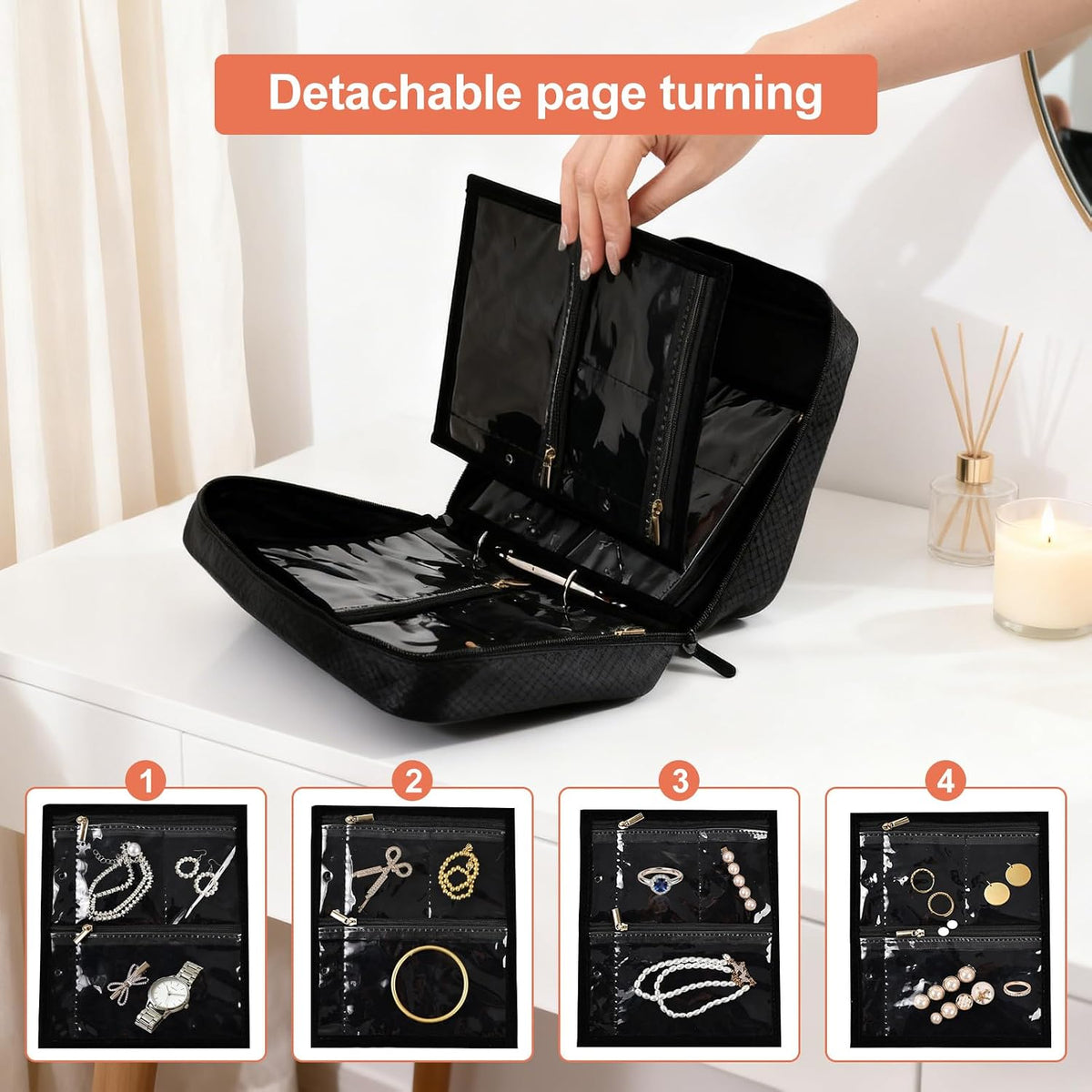 Greenfeather Anti Tarnish Jewelry Storage, Portable Jewelry Binder Organizer Travel with 6 Pcs Clear Zipper Velvet Pouches for Storing Earrings Rings Necklace Bracelet Watch 36 Compartments, Black