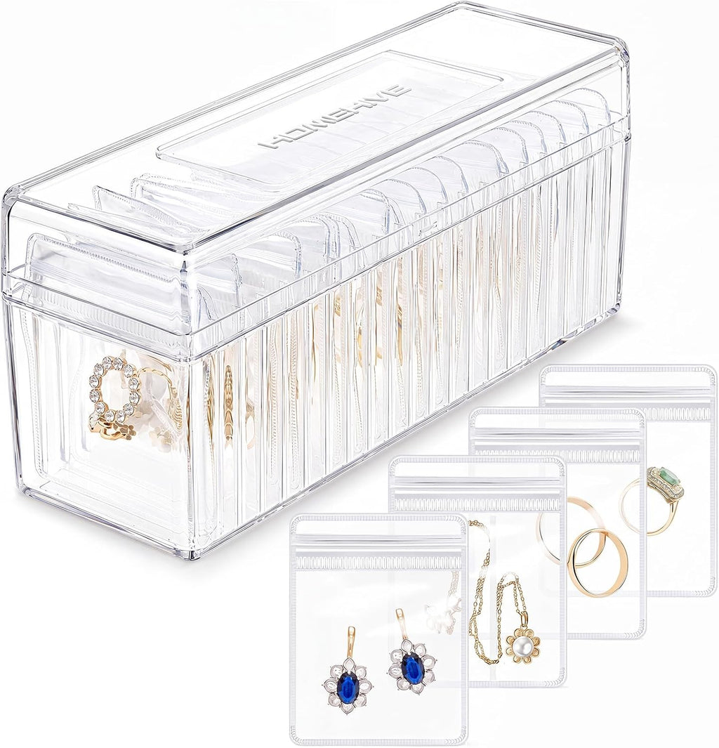 HOMEHIVE Acrylic Jewelry Box Organizer, Clear Jewelry Organizer and Storage with 20 Portable Anti Tarnish Jewelry bags, Travel Jewelry Case for Earrings/Rings/Necklaces Gifts for Women Girls, Clear
