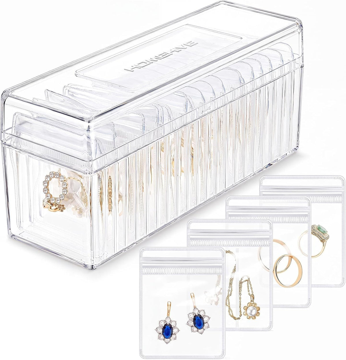 HOMEHIVE Acrylic Jewelry Box Organizer, Clear Jewelry Organizer and Storage with 20 Portable Anti Tarnish Jewelry bags, Travel Jewelry Case for Earrings/Rings/Necklaces Gifts for Women Girls, Clear