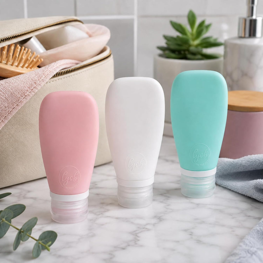 Travel Bottles for Toiletries, TSA Approved 3oz (90ml) Leak Proof Silicone Refillable Squeeze Travel Size Containers BPA Free Air Travel for Shampoo, Lotions, 3-pk (Pink-White-Teal)
