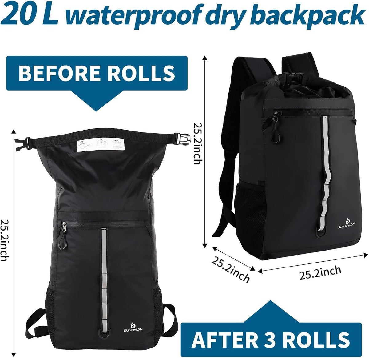 Drybag backpack waterproof, IPX68 100% Waterproof Dry Bag Backpack with Roll-Top Sealed Design, Keeps Gear Dry for Canoe, Kayaking, Water Sports Vacation, Rafting Travel & Surfing (WL011Black)