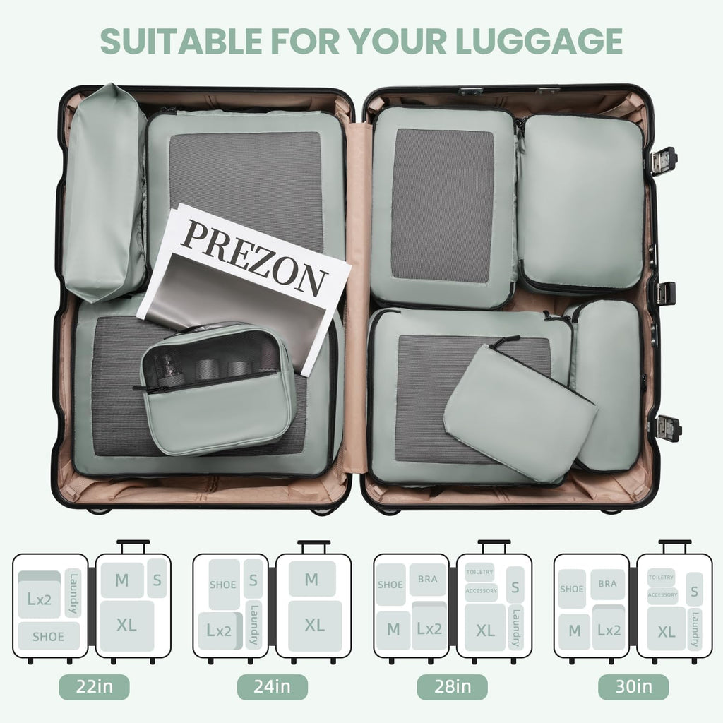 Mesh Packing Cubes for Travel, Durable Luggage Organizer with Sturdy Material and Double Zippers, Comprehensive Set for Travel Accessories Storage, 10 set, green