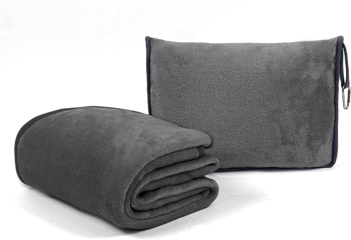 ShezPretty Premium 2in1 Soft Travel Blanket Pillow with Airline Hand Luggage Sleeve and Backpack Clip Airplane (Grey)