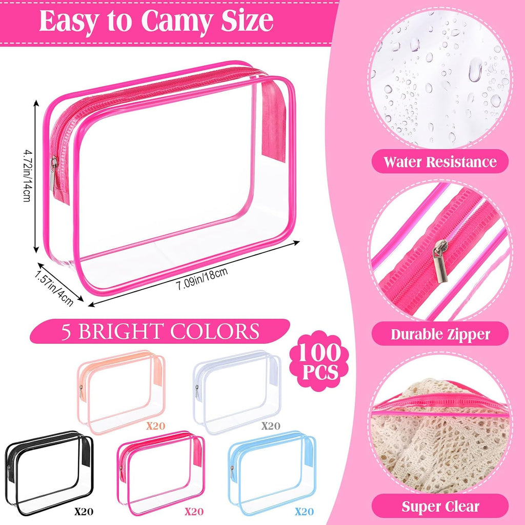 Sanwuta 100 Pcs Clear Makeup Bags Bulk, Toiletry Bag,Fashion Color