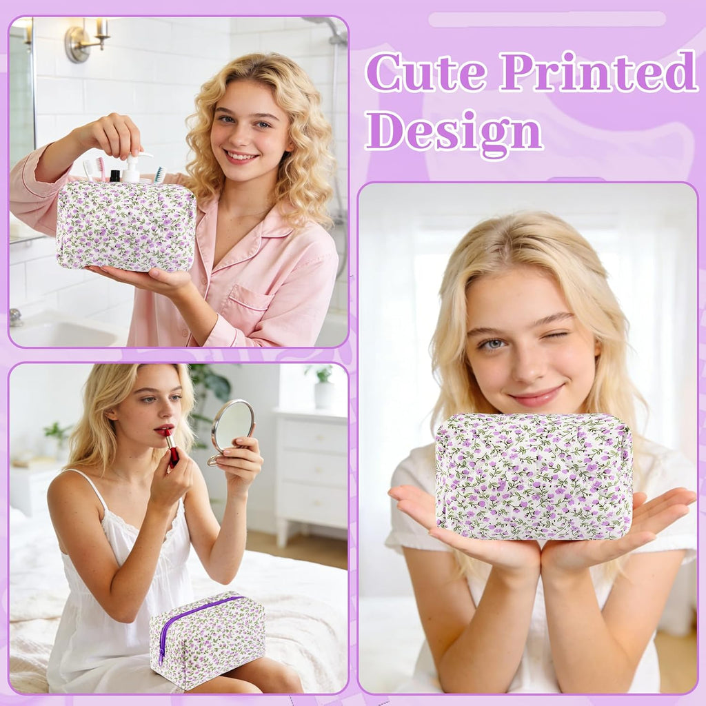URSKYTOUS Quilted Makeup Bag Floral Large Cosmetic Bag Cotton Puffy Makeup Organizer Coquette Cute Travel Makeup Pouch Kawaii Aesthetic Portable Toiletry Storage Bag for Women Girls (Purple)