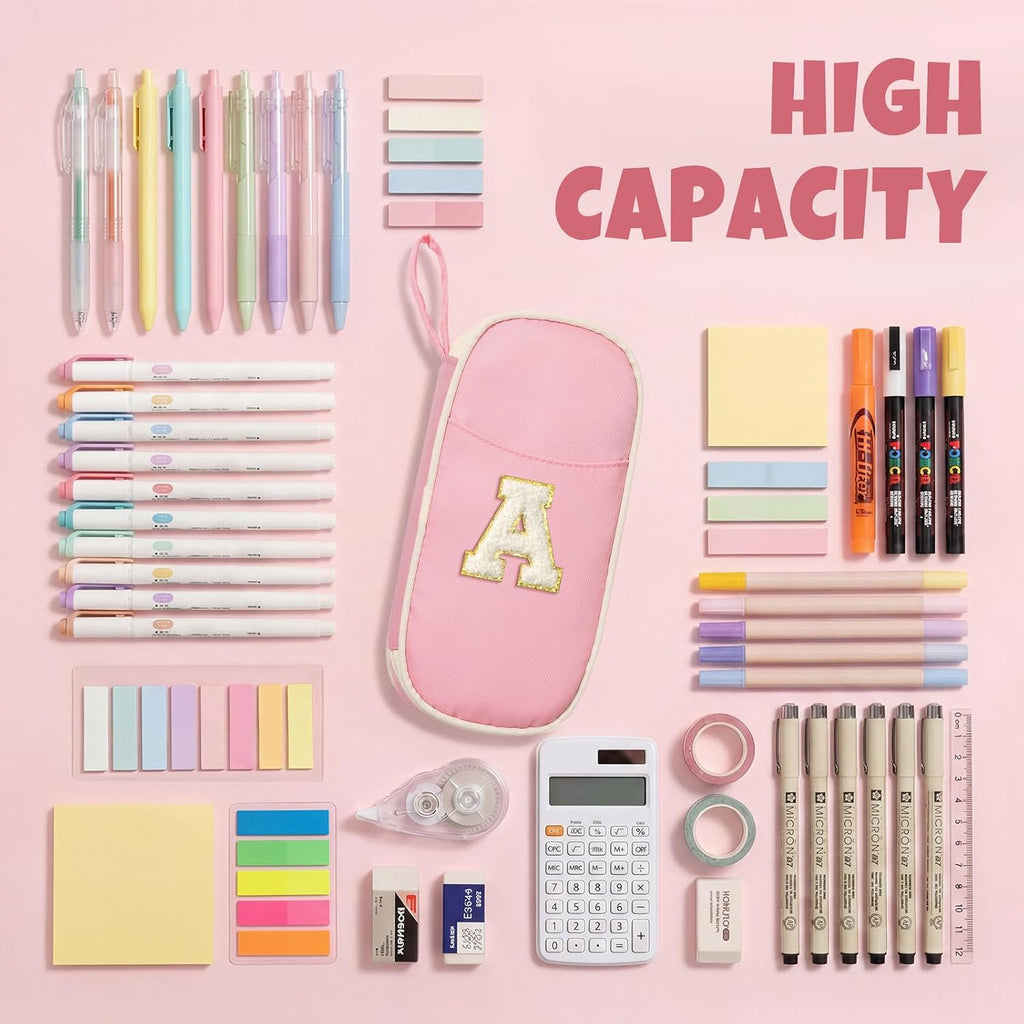 SUNEE Cute Pencil Case, Kawaii Big Capacity Pencil Pouch, Personalized Initial Pencil Bag with Zipper, Stationery Storage and Organizer, Back to School Supplies, Pen Box for Girls & Boys, Teen, A-Pink