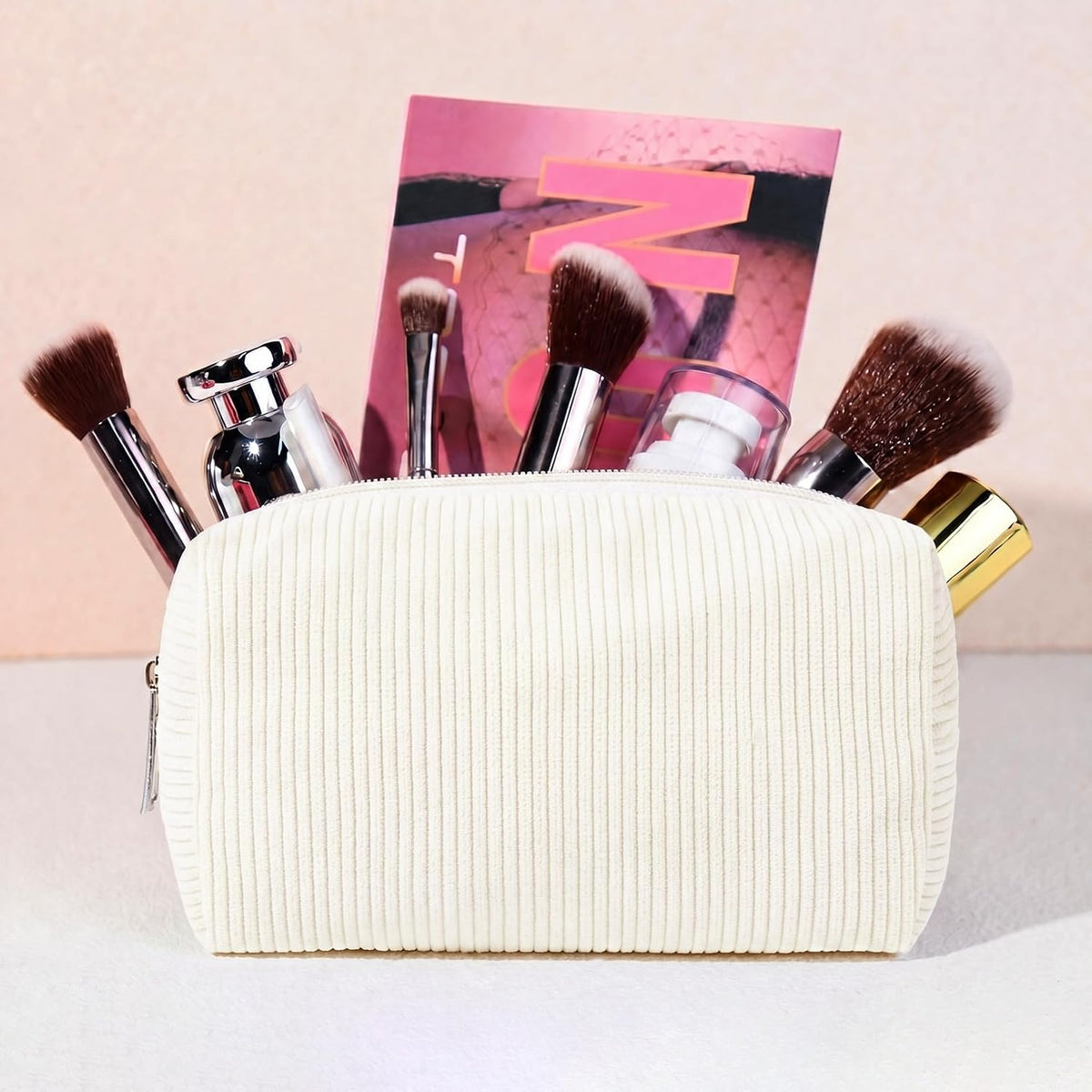 SOIDRAM 2 Pack Corduroy Makeup Bag for Women, Beige Makeup Pouch Small Cosmetic Bag Travel Toiletry Organizer for Skincare, Brushes & Essentials