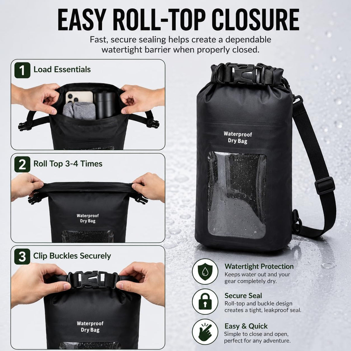 3L IPX8 Waterproof Dry Bag Backpack with Touchscreen Phone Pouch, Black