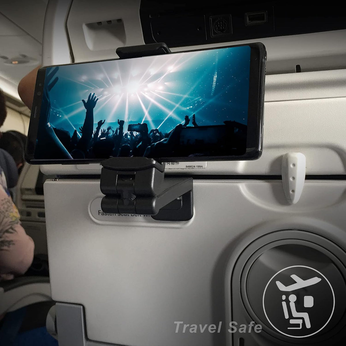 Travel Accessories, Universal Seat Back Tray Table Phone Clip Holder, Adjustable Pocket Size Hands Free Phone Holder Airplane Travel Essentials Compatible with iPhone and Android 2 Packs