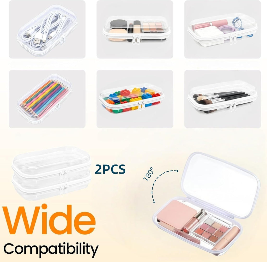 Thickened Clear Hard Shell Zipper Case,Professional-Grade Plastic Clear Zipper Pencil Case, Toiletry Pouch, Travel Organizer, Cosmetic Bag, Toy Storage Bins (2PCS-S)