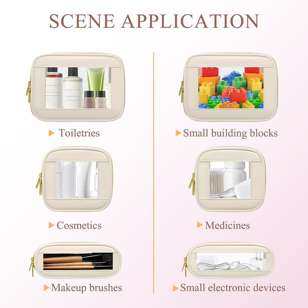 3-Piece Travel Clear Makeup Bag Set, Small Cosmetic Bag with Makeup Brush Case, Leather Waterproof TSA Approved Toiletry Bag with Zipper, Car Organization for Women (Beige-2, Mini+Slim+Medium)