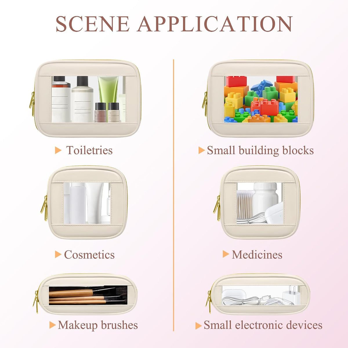 3-Piece Travel Clear Makeup Bag Set, Small Cosmetic Bag with Makeup Brush Case, Leather Waterproof TSA Approved Toiletry Bag with Zipper, Car Organization for Women (Beige-2, Mini+Slim+Medium)