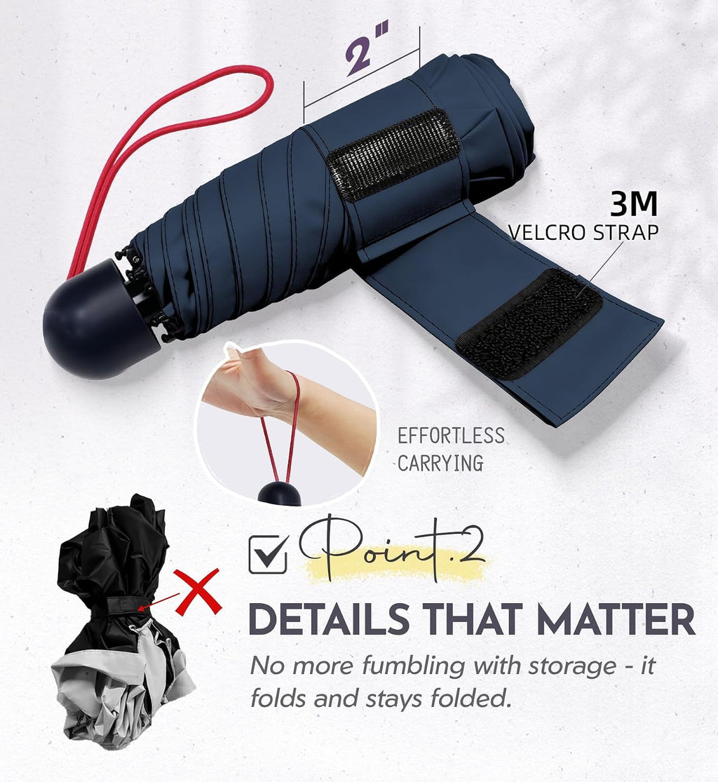 Umbrella Travel Size Mini Compact for Rain, UPF 100+ UV Protection
