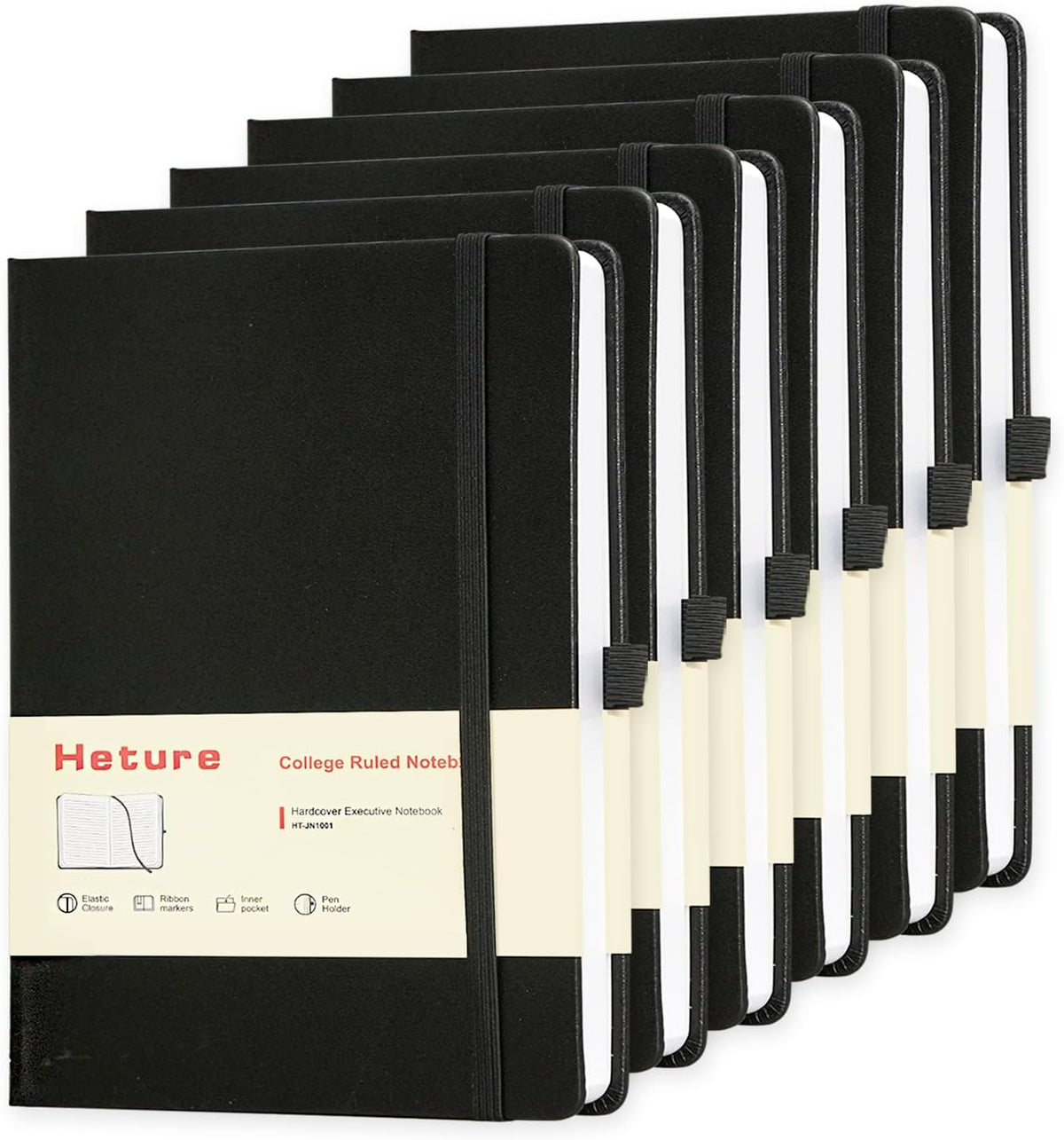 Heture Hardcover Notebooks, 6 Packs A5 Lined Journals Notebook for Writing 160 Pages, 8.2 x 5.5 inch, Classic Ruled Notebooks for College/Work/Travel (Black, 6 Pack)