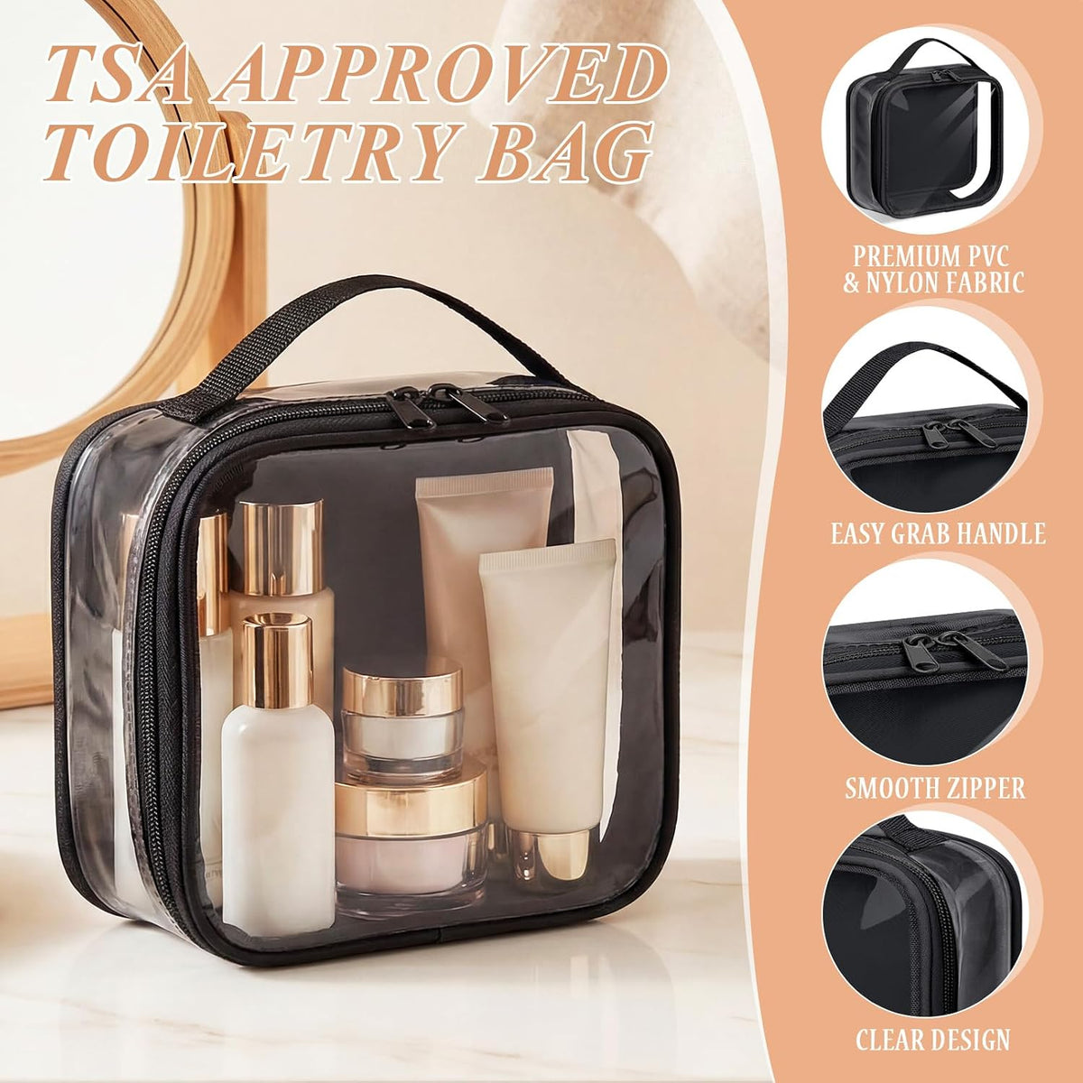 Abbylike 3 Pcs Small Toiletry Bags Reusable Quart Size Travel Liquid Pouch Single-sided Clear PVC Carry-on Organizer with Handle Cosmetic Bags for Airport Security Women Men(Black)