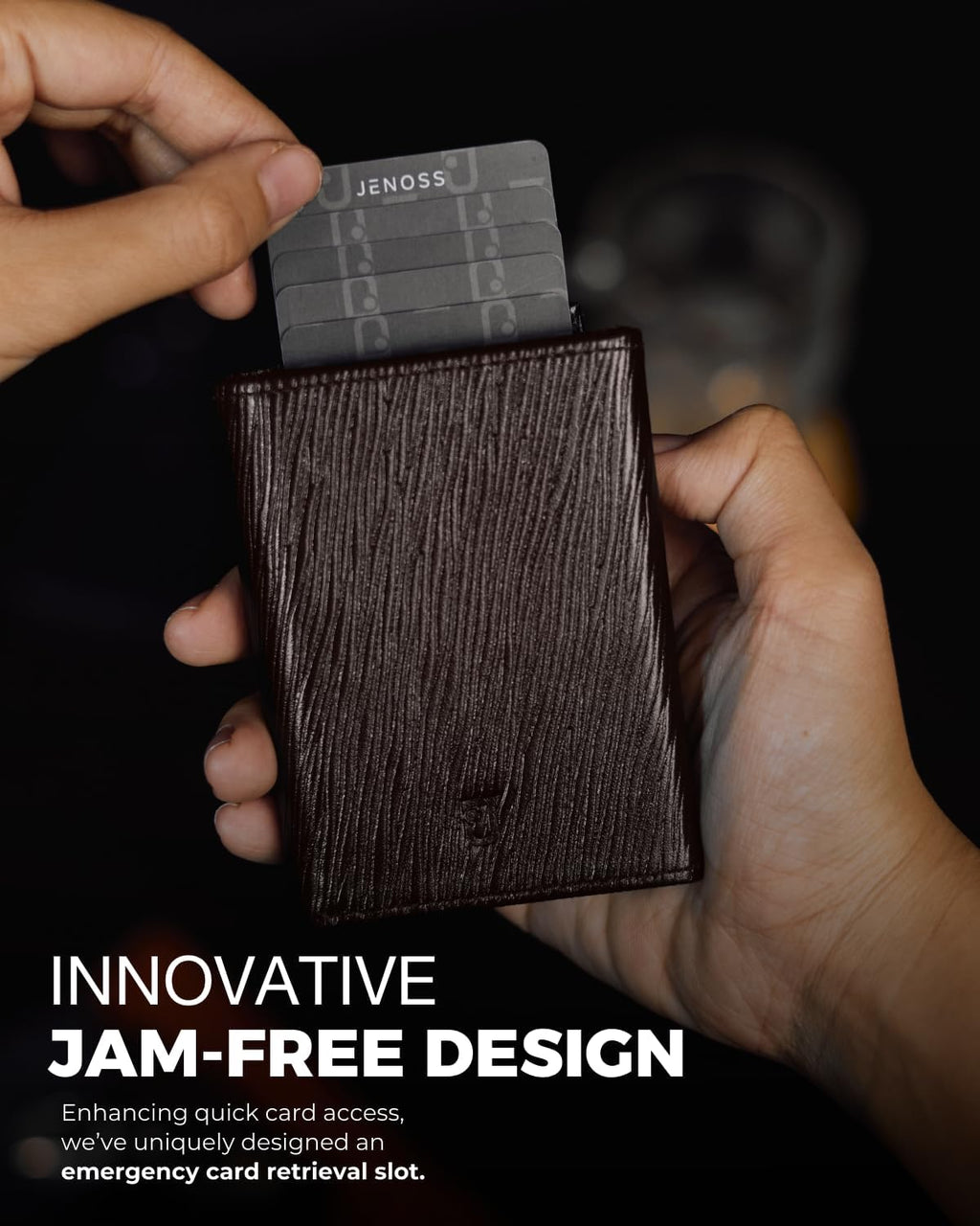 Jenoss Smart Wallet For Men: Full Grain Leather, Handcrafted, Slide Metal Pop Up Case, Slim RFID Blocking Credit Card Holder, Minimalist, Compact - 9-12 Card Organizers | ID | Money Clip (EPI Brown)