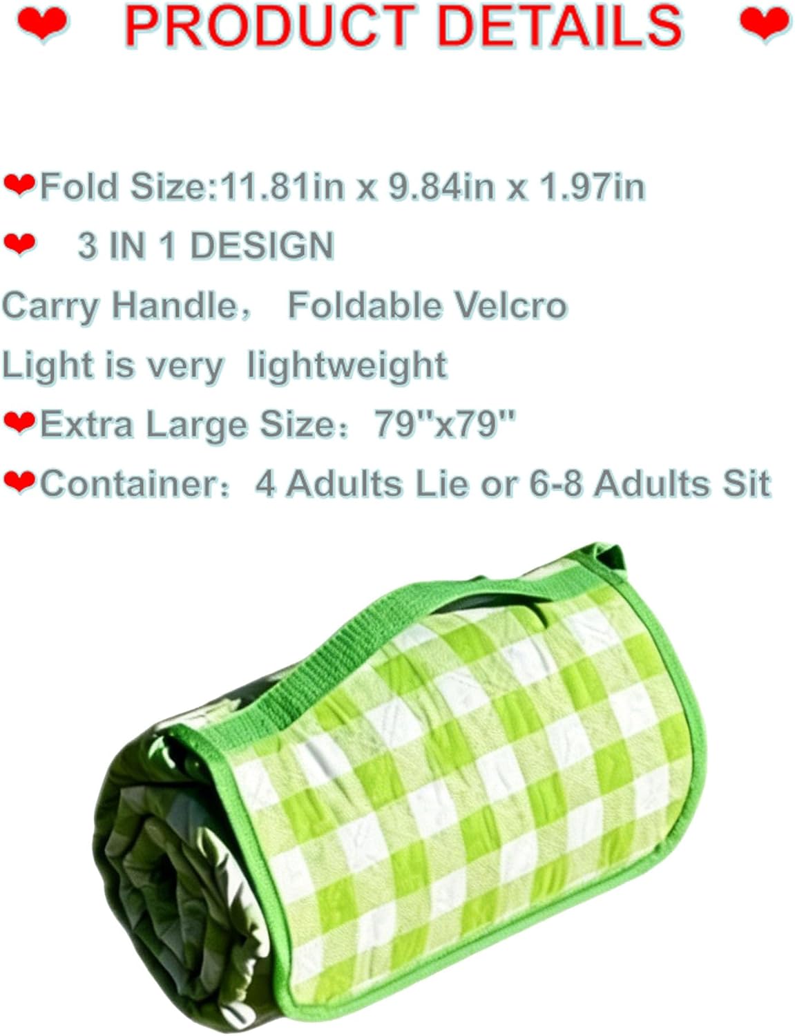 79 inch Waterproof Foldable Picnic Blanket Camping Blanket - Green