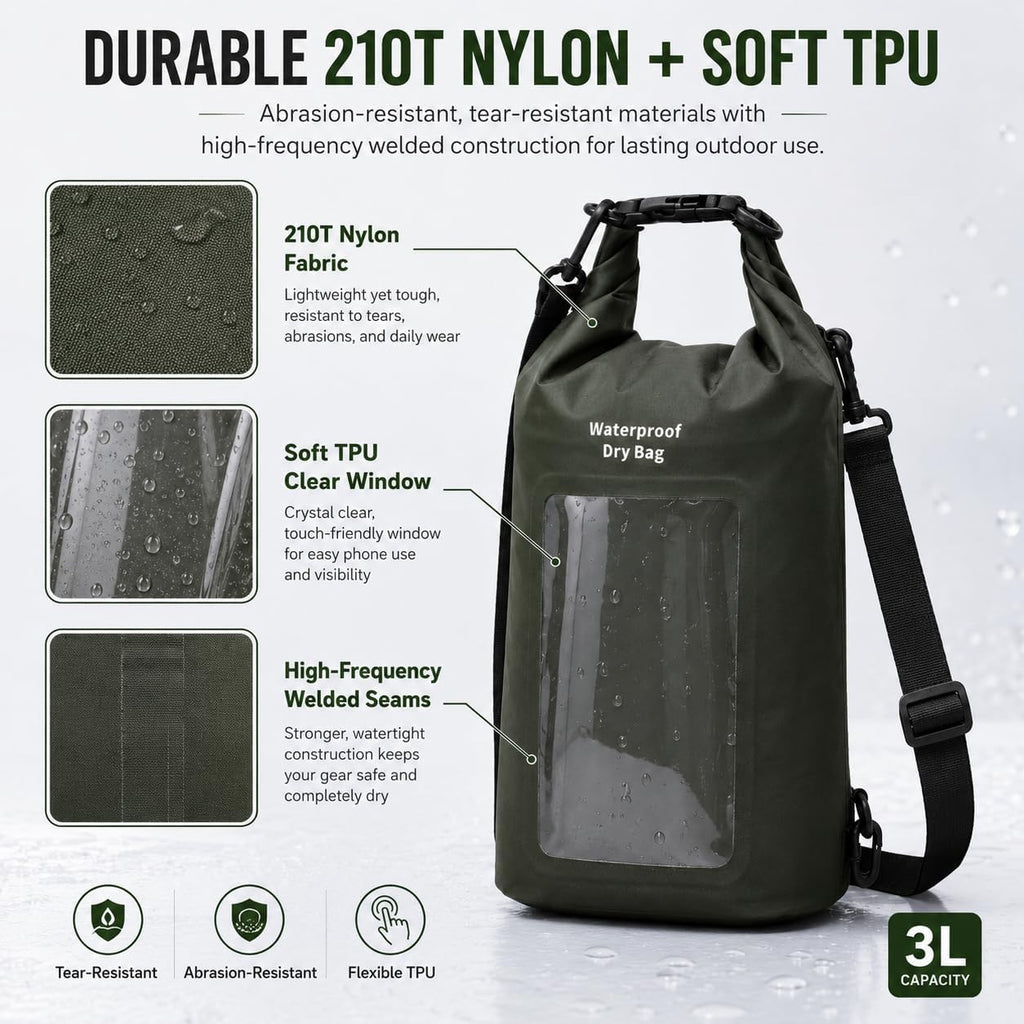 3L IPX8 Waterproof Dry Bag Backpack with Touchscreen Phone Pouch,Green