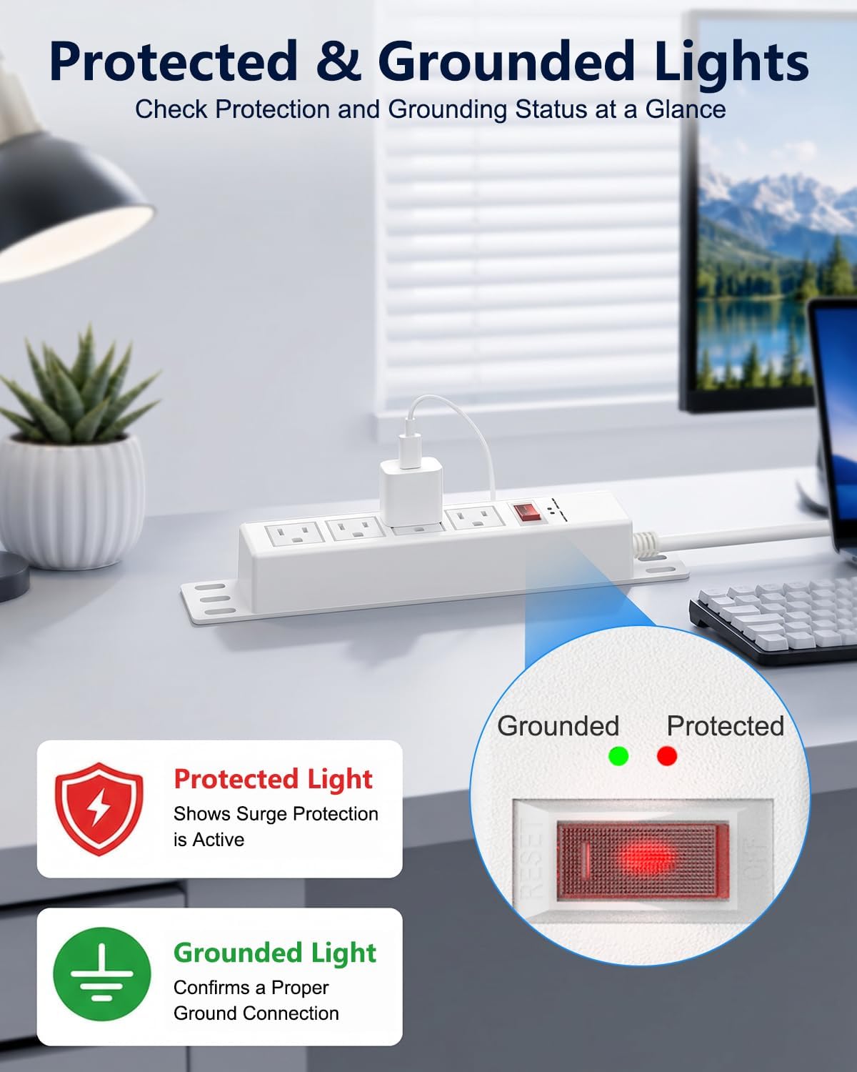 1500J Small Surge Protector Power Strip 4 Outlets 3 ft, White