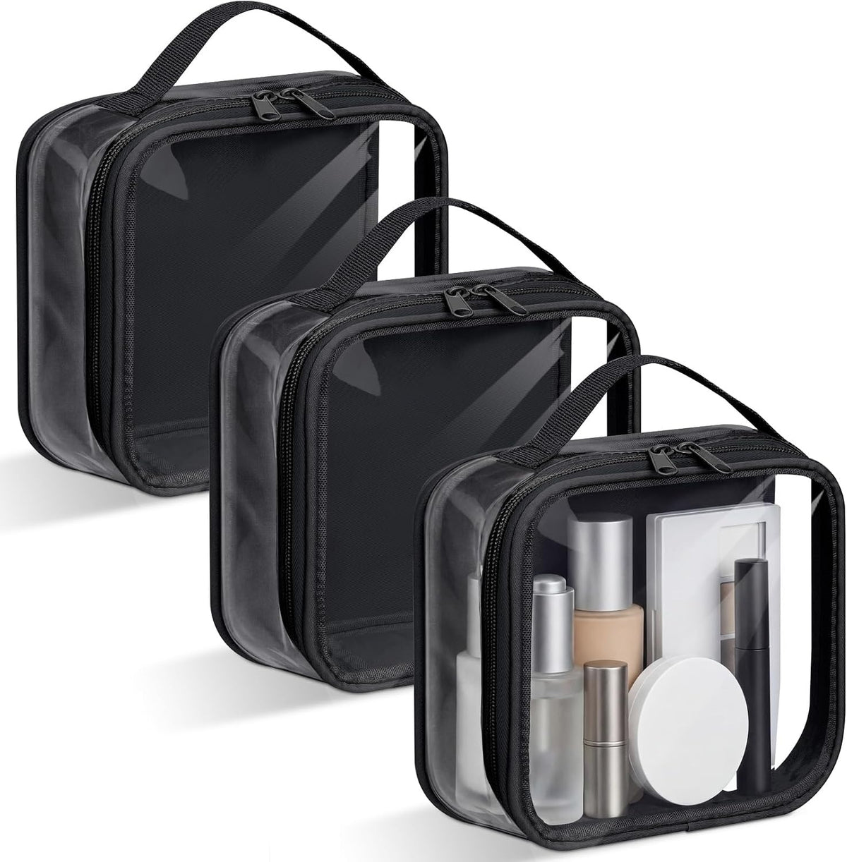 Abbylike 3 Pcs Small Toiletry Bags Reusable Quart Size Travel Liquid Pouch Single-sided Clear PVC Carry-on Organizer with Handle Cosmetic Bags for Airport Security Women Men(Black)