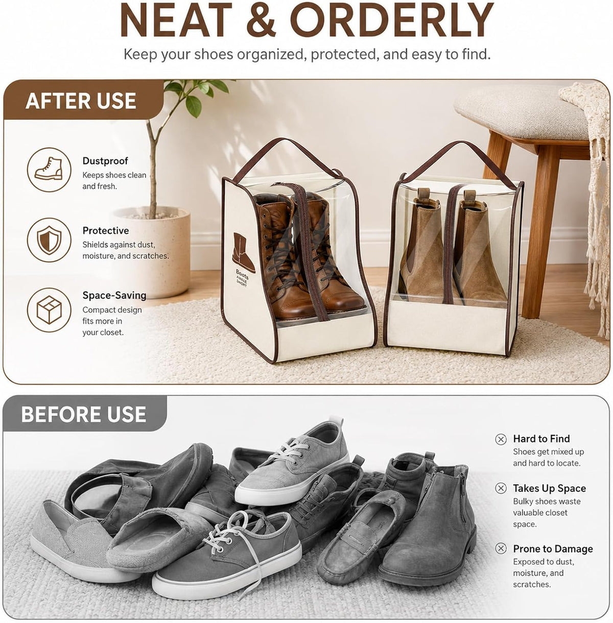 Tall Boot Storage Bag Organizer for Closet and Travel, Portable Dustproof Bags for Cowboy (2 Pcs Beige Short Boot)