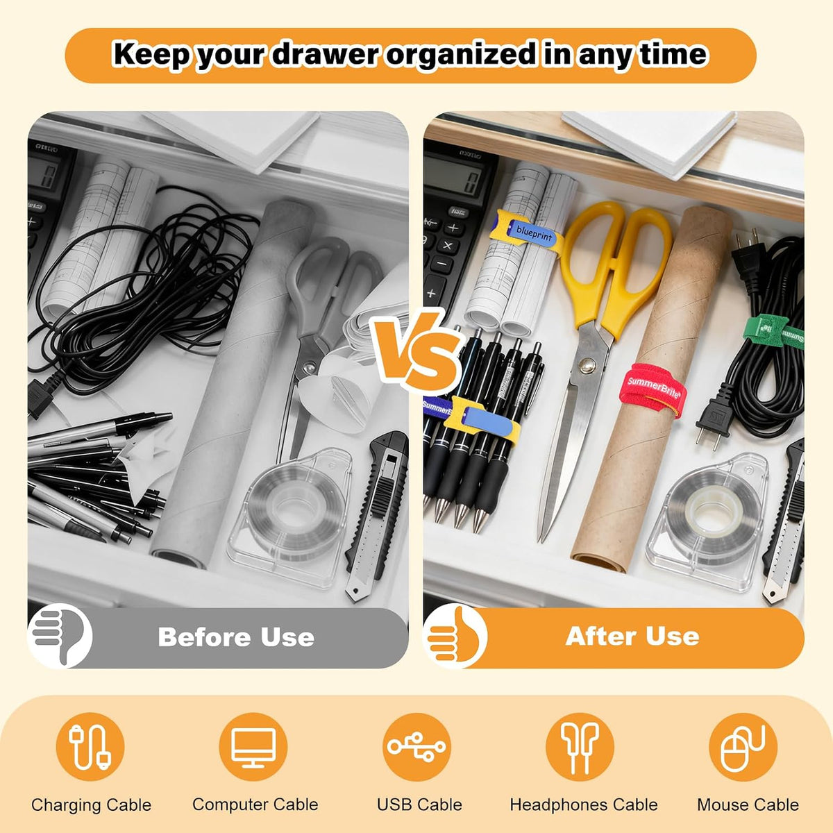 Cable Ties with Writable Labels, Cord Organizer, Multi-Color, 70 PCS, 6 IN
