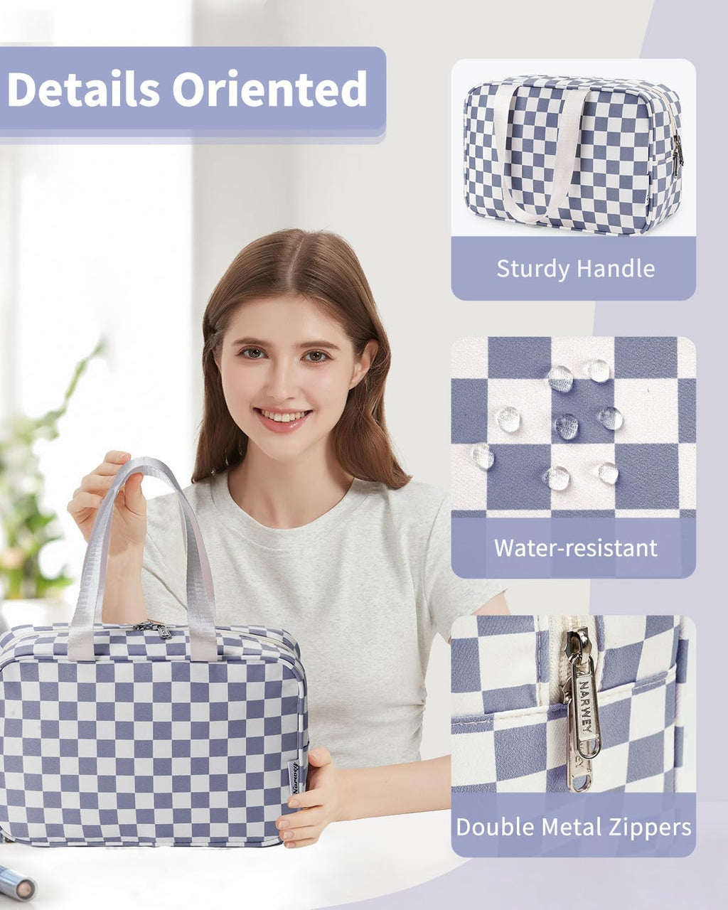 Narwey Large Toiletry Bag Women Large Cosmetic Bag Travel Makeup Bag Organizer Medicine Bag for Toiletries Essentials Accessories (Grayish Blue Checkerboard)