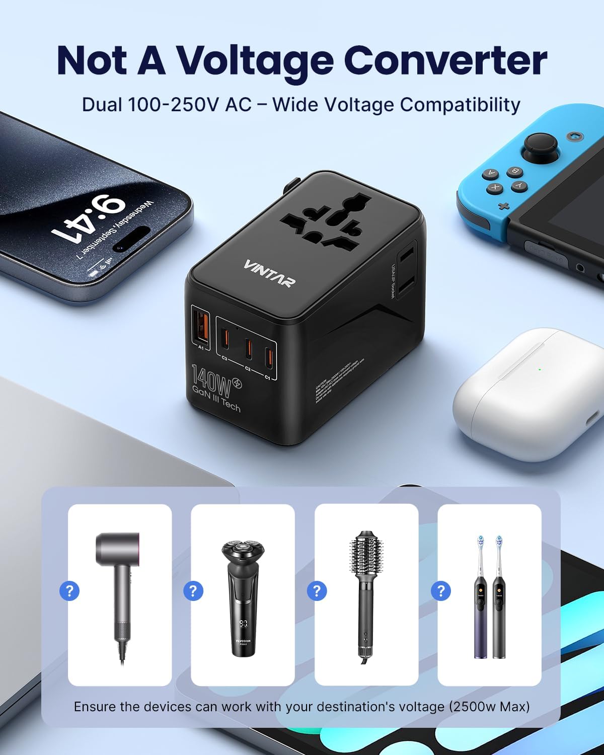 VINTAR 140W GaN Universal Travel Adapter for Europe/UK/US/AU 200+ Countries