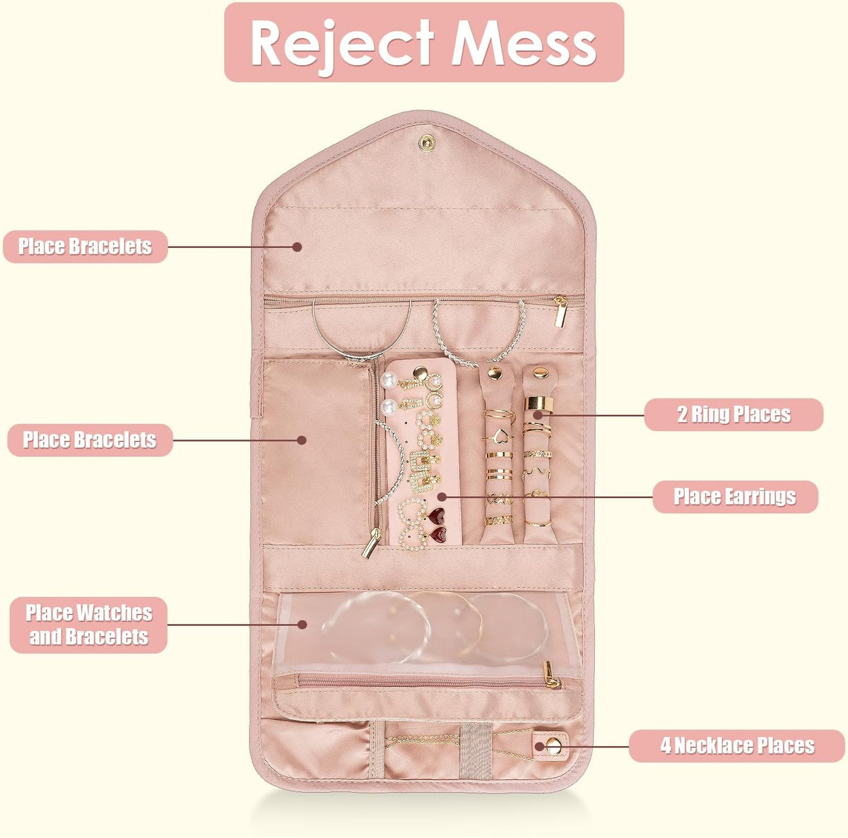 Amrules Travel Jewelry Roll Organizer Bag, Medium, Pink