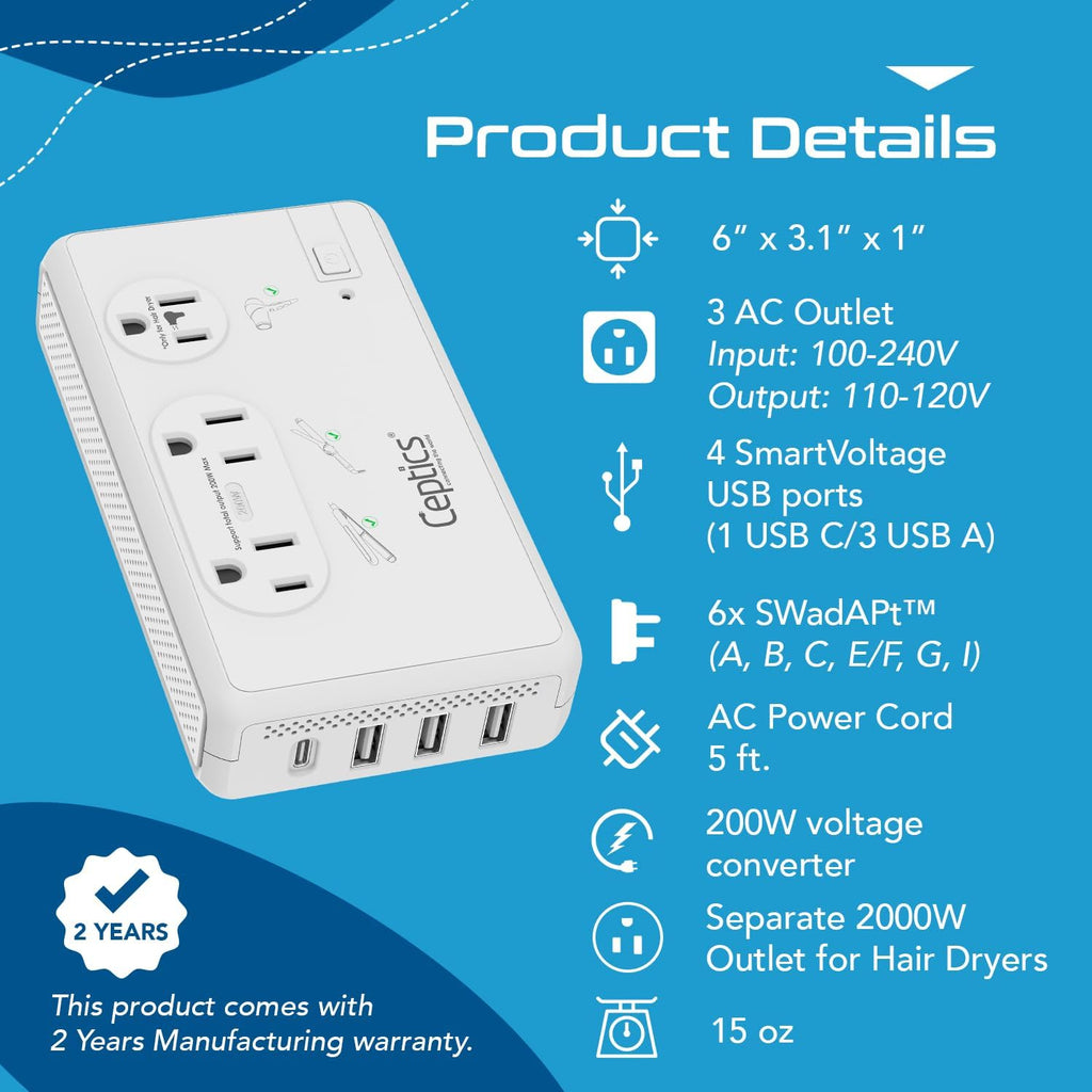 Ceptics 200W+2000W Voltage Converter, 3 USB-A + 1 USB-C, 6 SWadAPt Plugs