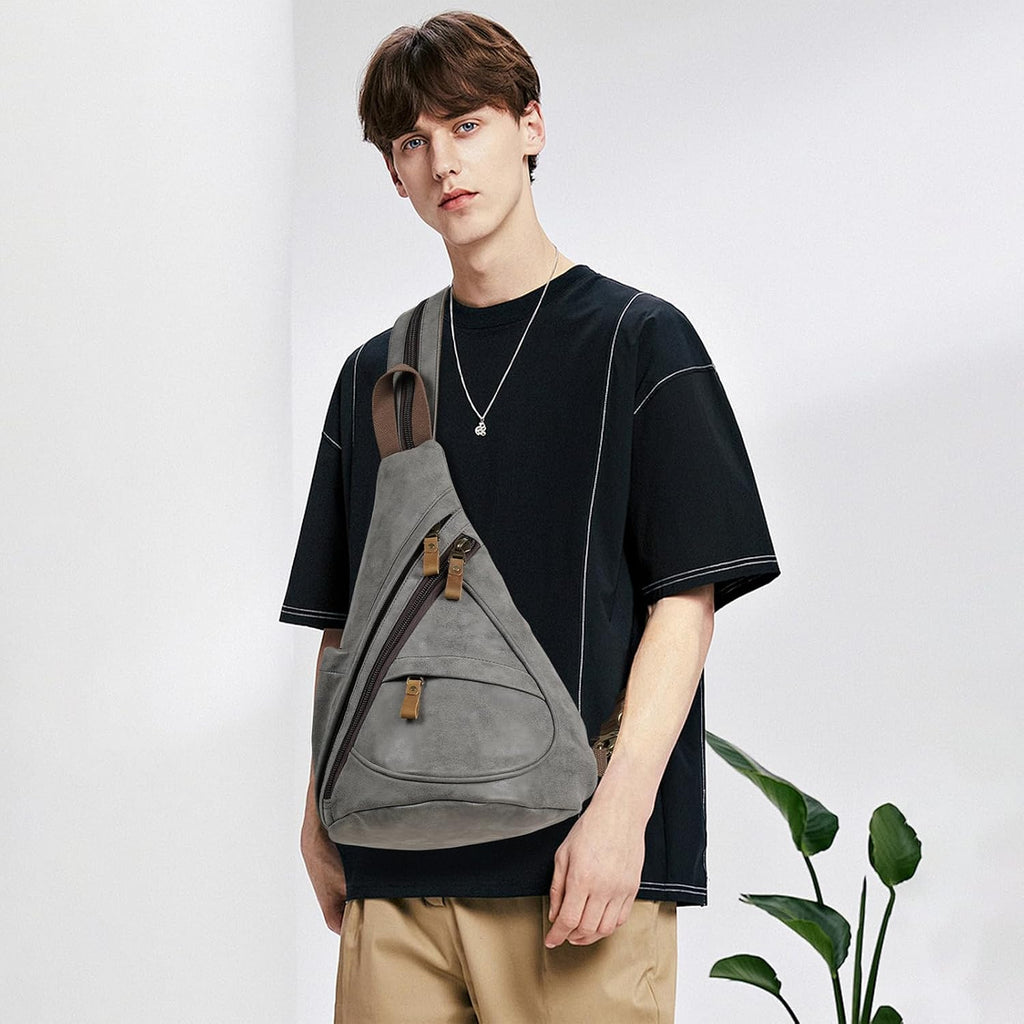 KL928 PU Leather Sling Bag - Small Crossbody Backpack Shoulder Casual Daypack Rucksack for Men Women Outdoor Cycling Hiking Travel (6881-PU-D.Grey)