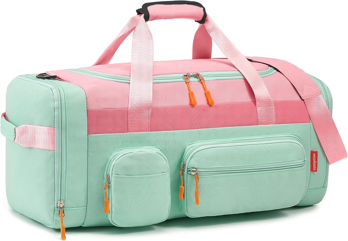 WOOMADA Kids Duffle Bag for Boys or Girls,Weekender Overnight Bag with Shoe Compartment & Wet Pocket Perfect For School, Sports, Overnight Trips(Pink Green)