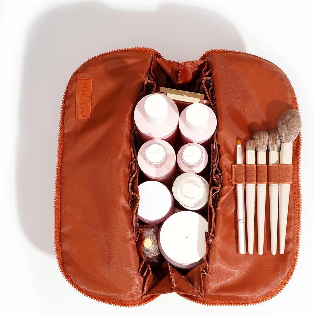 APT 1101 Standing Foldable Makeup Bag for Travel, Vertical Folding Down Design, Organized Cosmetic & Skincare Bag