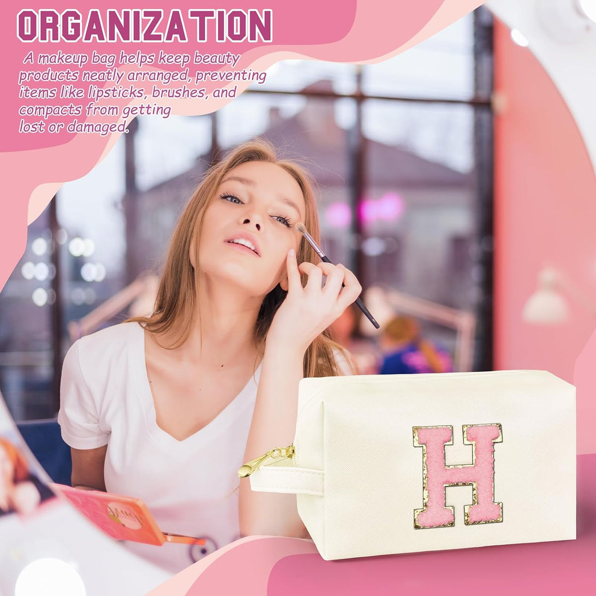 Personalized Initial Makeup Bag with Handle, Preppy Cosmetic Bag with Inner Zipper Pocket, 8 9 10 11 12 13 14 Years Old Girl, Graduation Gifts for Teen Girls Women Teachers (H, White)