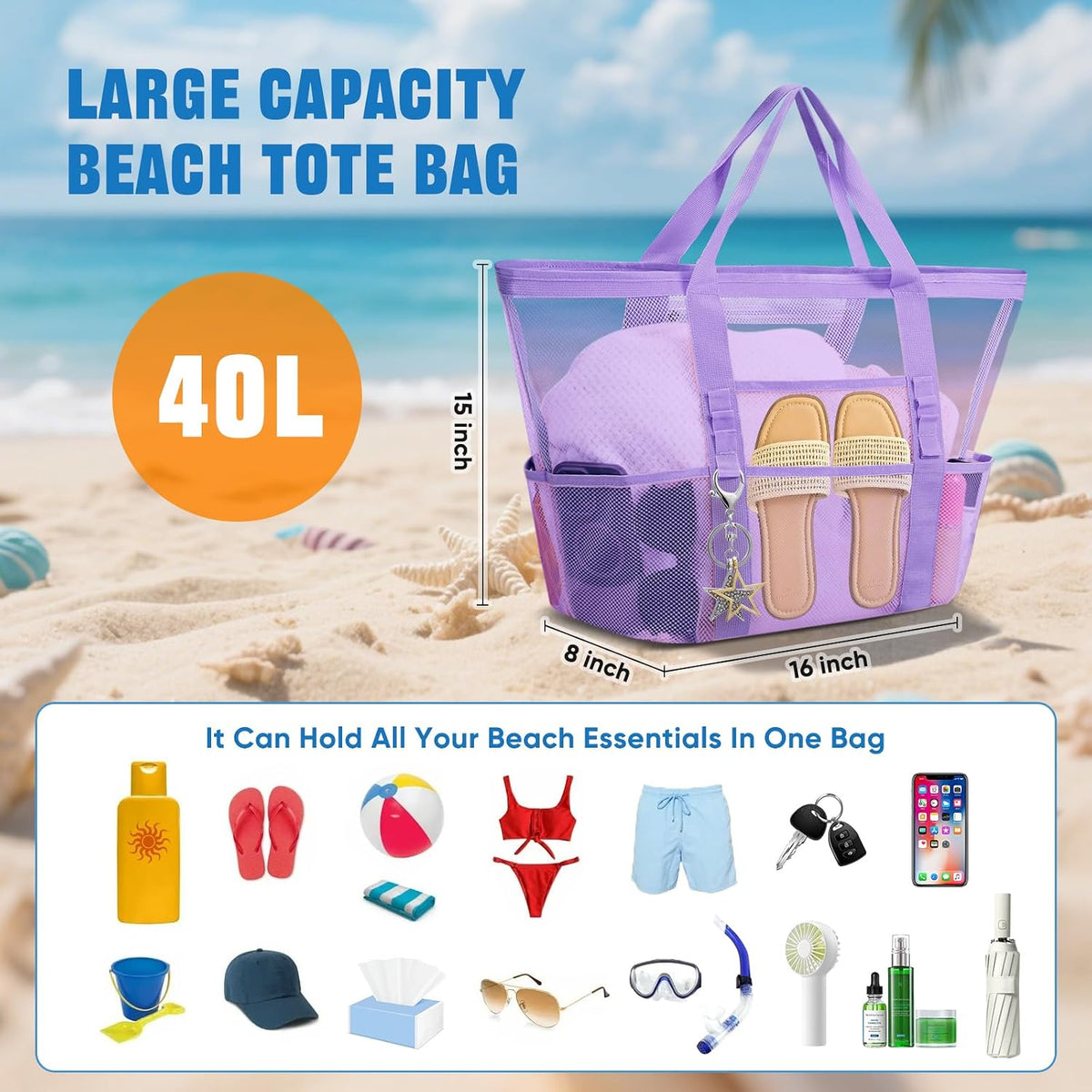 Large Mesh Beach Bag for Women, Sandproof 9-Pocket Beach Tote Bag, Quick-Drying Pool Bag for Travel Vacation