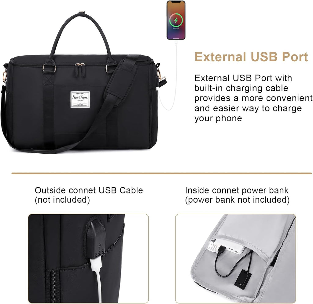 Scothen Convertible Travel Garment Bag,Carry On Garment Duffle Bag with Toiletry and Shoe bag,Garment Bags for Travel,2 in 1 Hanging Dress Suitcase Suit Travel Bags for Women with USB Charging Port
