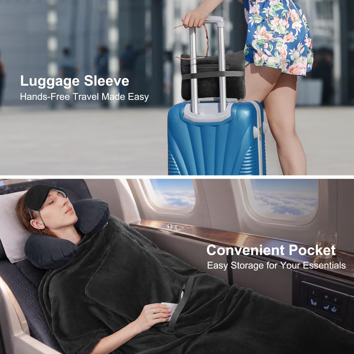 KAWAHOME Travel Blanket Airplane Compact Set with Neck Pillow, Eye Mask