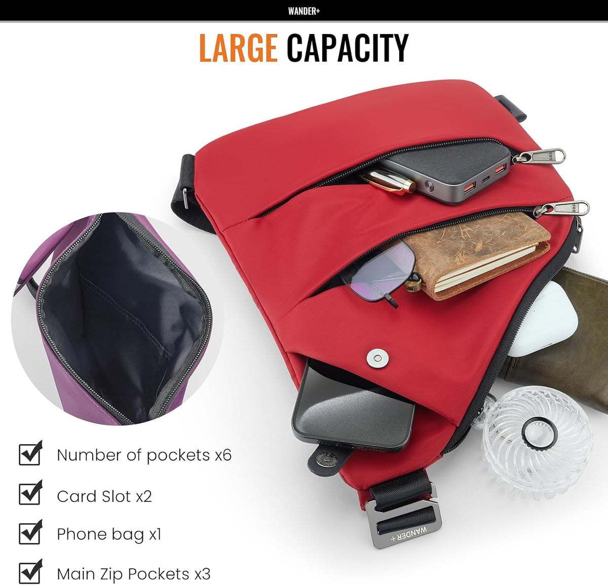 WANDER+® Anti Theft Crossbody Travel Bag for Women Men, Multi-Pocket Crossbody Bag, Slim Sling Bag