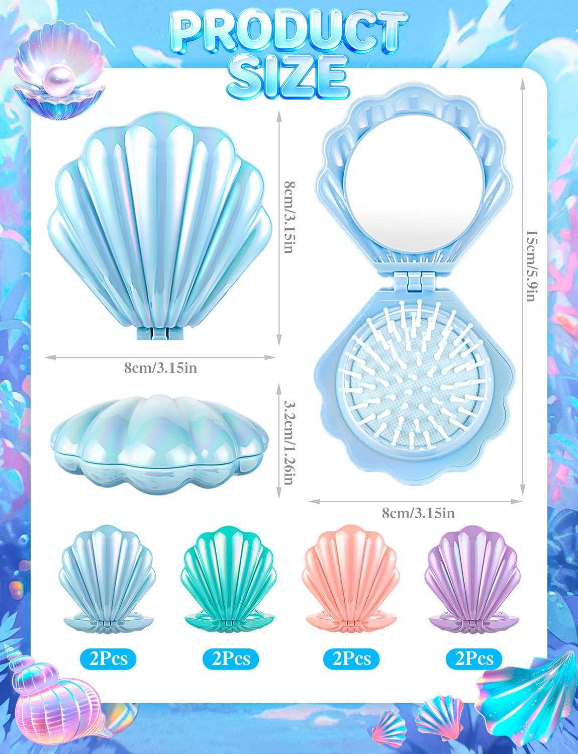 8 Pcs Foldable Travel Shell Hair Brush with Mirror