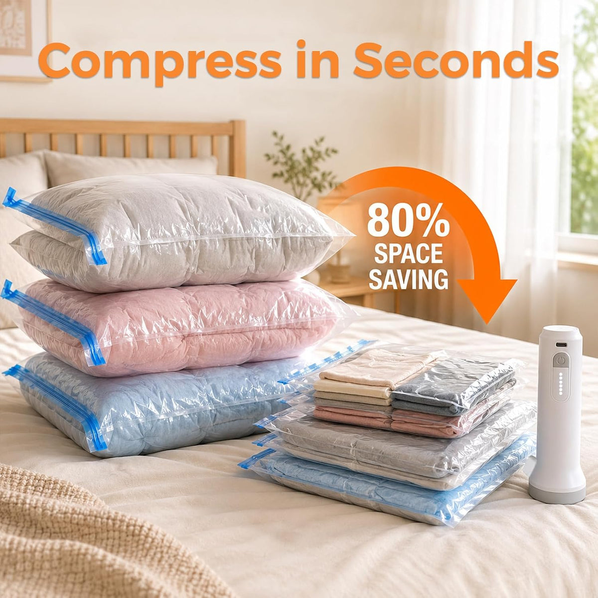 15 Pack Travel Vacuum Storage Bags with Rechargeable Cordless Pump, 3 Sizes