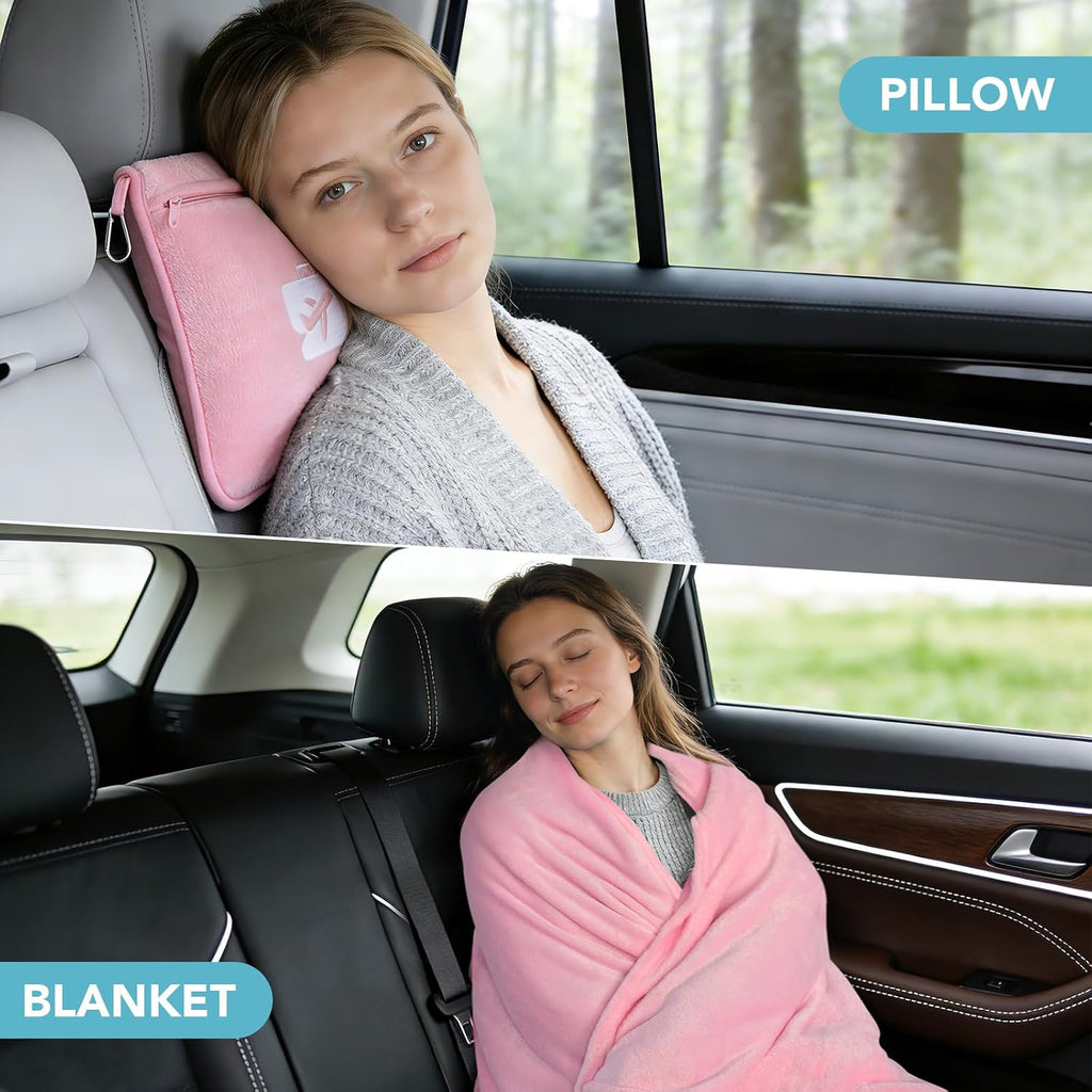 SINLAND Travel Pillow and Blanket 2-in-1 Set Airplane Pink 60x50 Inch