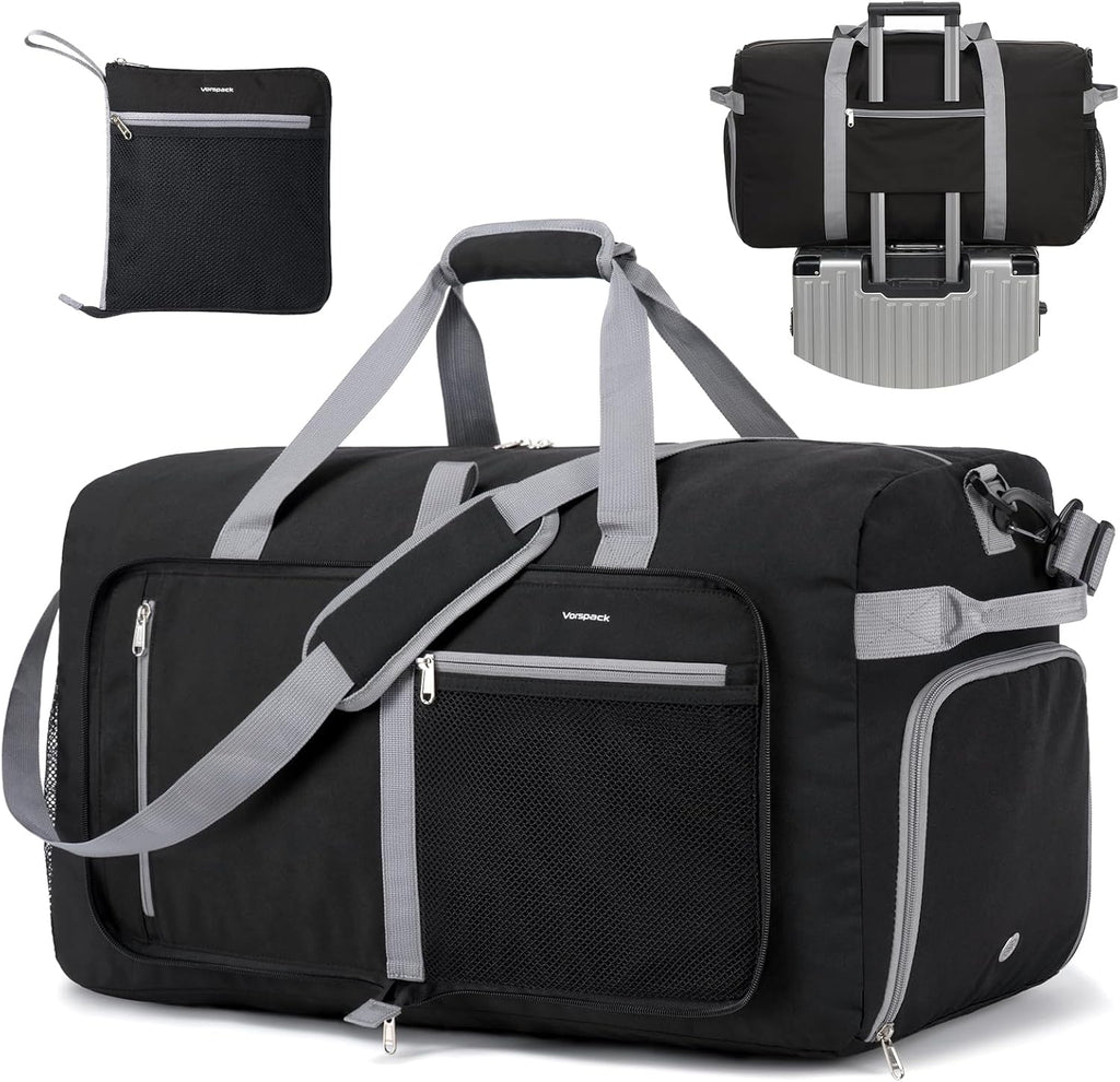 Vorspack 65L Foldable Duffle Bag for Travel with Shoe Compartment, Black