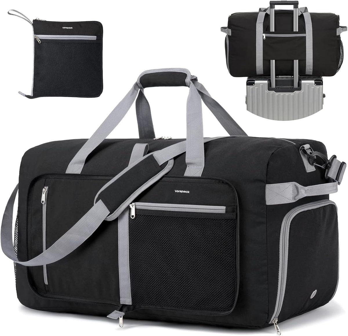 Vorspack 65L Foldable Duffle Bag for Travel with Shoe Compartment, Black